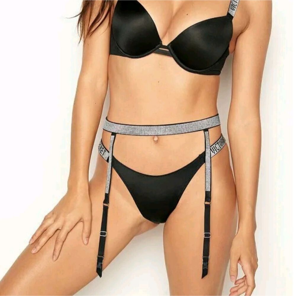 Victoria's Secret Sexy Rhinestone Embellished Shine Garter Belt Black Size M/L